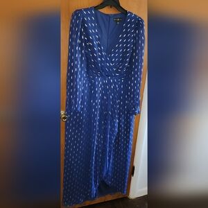 Betsy & Adam Metallic Print Draped Maxi Dress Navy Blue With Gold